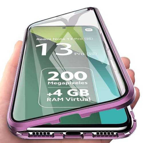 Orgsty Hülle für Xiaomi Redmi Note 13 Pro 5G, Magnetische Hartglas Hülle mit Vorderseite und Rückseite, Metallrahmen Case mit Eingebaut Magnet, Ultra Dünn 360 Grad Handyhülle, Lila von Orgsty