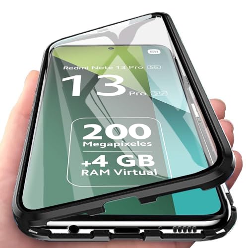 Orgsty Hülle für Xiaomi Redmi Note 13 Pro 5G, Magnetische Hartglas Hülle mit Vorderseite und Rückseite, Metallrahmen Case mit Eingebaut Magnet, Ultra Dünn 360 Grad Handyhülle, Schwarz von Orgsty