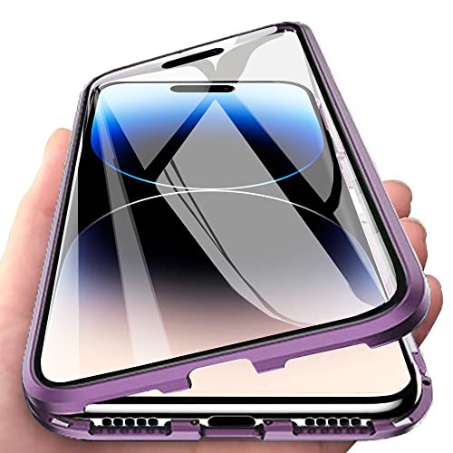 Orgsty Hülle für iPhone 14 Pro (6,1"), Magnetische Hartglas Hülle mit Vorderseite und Rückseite, Metallrahmen Case mit Eingebaut Magnet, Ultra Dünn 360 Grad Handyhülle, Lila von Orgsty