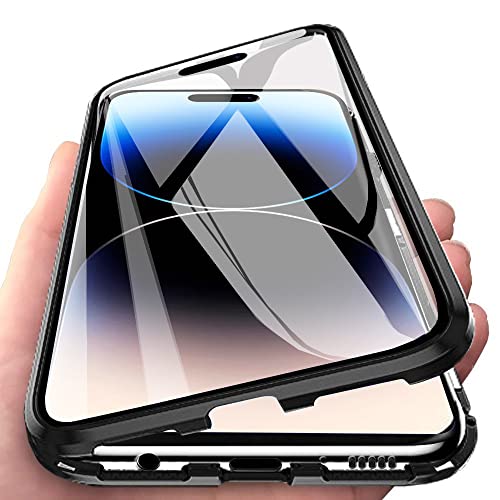 Orgsty Hülle für iPhone 14 Pro (6,1"), Magnetische Hartglas Hülle mit Vorderseite und Rückseite, Metallrahmen Case mit Eingebaut Magnet, Ultra Dünn 360 Grad Handyhülle, Schwarz von Orgsty