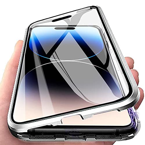 Orgsty Hülle für iPhone 14 Pro Max (6,7"), Magnetische Hartglas Hülle mit Vorderseite und Rückseite, Metallrahmen Case mit Eingebaut Magnet, Ultra Dünn 360 Grad Handyhülle, Silber von Orgsty