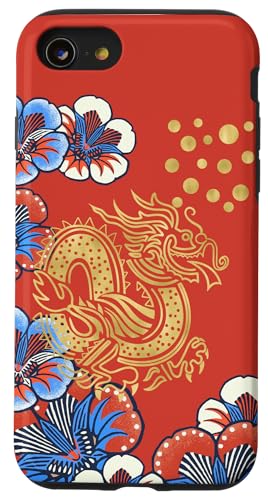 Folk Art Blumen Drache Orientalische Motive Karminblau Hülle für iPhone SE (2020) / 7 / 8 von Oriental Retro Art