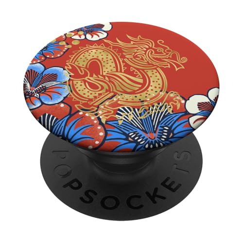 Folk Art Blumen Drache Orientalische Motive Karminblau PopSockets Klebender PopGrip von Oriental Retro Art