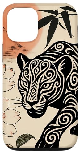 Leopard Blumen Minimalistische Orientalische Tuschekunst Beige Hülle für iPhone 12/12 Pro von Oriental Retro Art