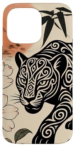 Leopard Blumen Minimalistische Orientalische Tuschekunst Beige Hülle für iPhone 14 Pro Max von Oriental Retro Art