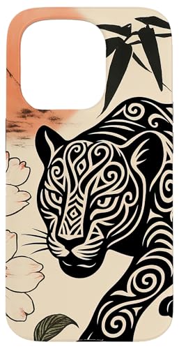 Leopard Blumen Minimalistische Orientalische Tuschekunst Beige Hülle für iPhone 15 Pro von Oriental Retro Art