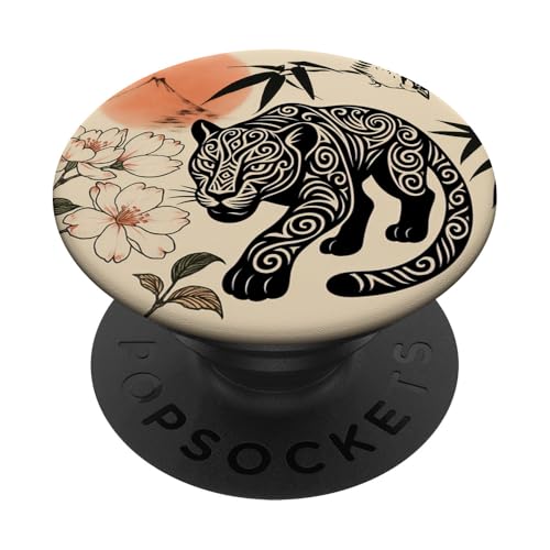 Leopard Blumen Minimalistische Orientalische Tuschekunst Beige PopSockets Klebender PopGrip von Oriental Retro Art