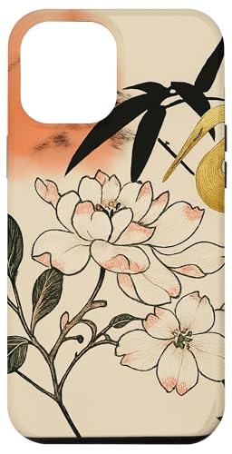 Sonnenblumen Kranich Vogel Minimalistisch Orientalisch Tinte Beige Hülle für iPhone 12 Pro Max von Oriental Retro Art