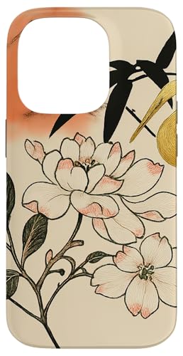 Sonnenblumen Kranich Vogel Minimalistisch Orientalisch Tinte Beige Hülle für iPhone 14 Pro von Oriental Retro Art