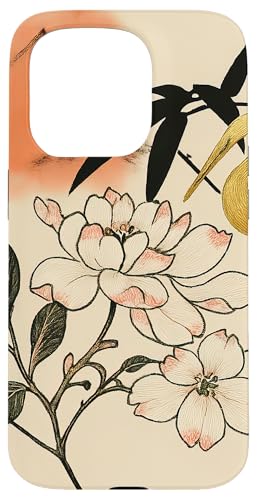 Sonnenblumen Kranich Vogel Minimalistisch Orientalisch Tinte Beige Hülle für iPhone 15 Pro von Oriental Retro Art