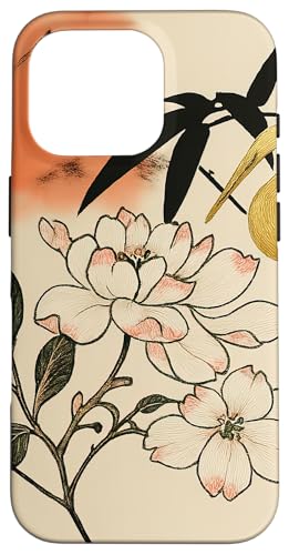 Sonnenblumen Kranich Vogel Minimalistisch Orientalisch Tinte Beige Hülle für iPhone 16 Pro von Oriental Retro Art