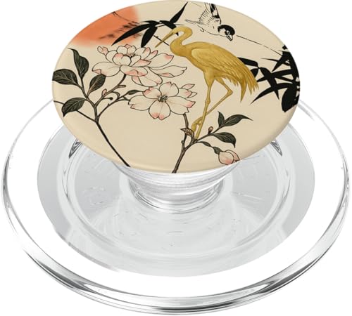 Sonnenblumen Kranich Vogel Minimalistisch Orientalisch Tinte Beige PopSockets PopGrip für MagSafe von Oriental Retro Art