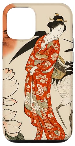 Sun Blumenkranich traditionell minimalistisch orientalisch Tinte beige Hülle für iPhone 12/12 Pro von Oriental Retro Art