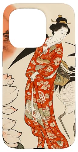Sun Blumenkranich traditionell minimalistisch orientalisch Tinte beige Hülle für iPhone 15 Pro von Oriental Retro Art