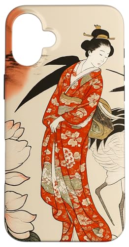 Sun Blumenkranich traditionell minimalistisch orientalisch Tinte beige Hülle für iPhone 16 Plus von Oriental Retro Art