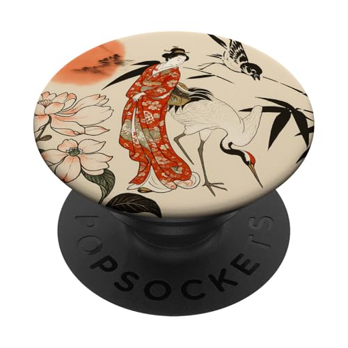 Sun Blumenkranich traditionell minimalistisch orientalisch Tinte beige PopSockets Klebender PopGrip von Oriental Retro Art