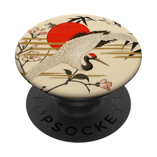Sun Floral Crane Minimalistische, orientalische Tintenkunst, Beige PopSockets Klebender PopGrip von Oriental Retro Art