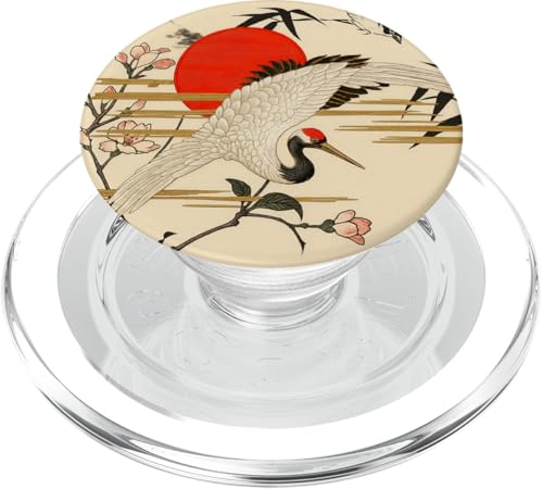 Sun Floral Crane Minimalistische, orientalische Tintenkunst, Beige PopSockets PopGrip für MagSafe von Oriental Retro Art