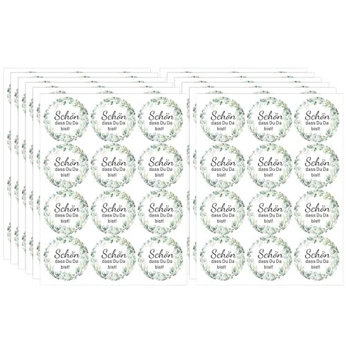 144 Stück Schön dass du da bist Aufkleber, Gastgeschenke Hochzeit Aufkleber, Rund Selbstklebende Etiketten, Deko für Hochzeitsdeko Tisch, Geburtstag, Kommunion (Blätter, 4cm) von Ormromra