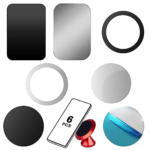 Ormromra Metallplättchen Selbstklebend Handy, 6 Stück Ultradünne Magnet Metall Platte Set, Magnet Zubehör, Magnetische Auto magnetplatte für Auto Handyhalterung (Rechteckige, Runden, Schwarz, Silber) von Ormromra