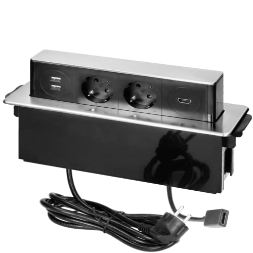 ORNO GM-9016(GS)/B-G Versenkbare Einbau Steckdosenleiste 2-Fach mit 2 x USB 3680W Anschlussfertig mit 2m Kabellänge Schukokabel,Farbe: Schwarz und Silber (3 Steckplätze mit HDMI) von Orno