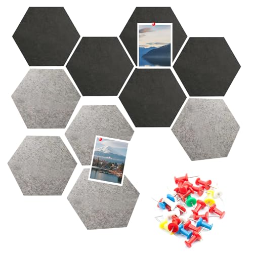 Orssmigs 10 Stück Hexagon Filz Pinnwand Korkplatte Selbstklebend Hexagon-Memoboard Sechseckige Filz-Memo Boards mit 30 Reißzwecken für Foto Hängen, Notizen, Fotowand (Schwarz, Grau) von Orssmigs
