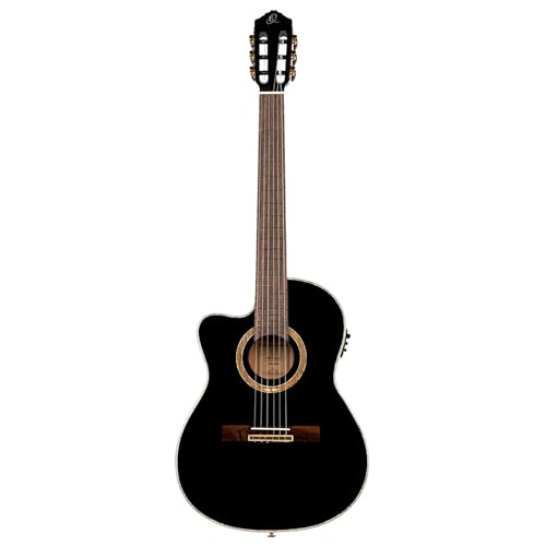 Ortega Guitars 4/4 Linkshänder Konzertgitarre Performer Series Slim Neck Thinline Korpus Elektro-akustische Gitarre, Schwarz Inklusive Gigbag (RCE138-T4BK-L) von Ortega Guitars