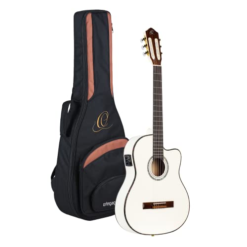 Ortega Guitars RCE145WH Konzertgitarre in Größe 4/4 elektrifiziert Thinline Korpus schlanker 48 mm Hals weiß massive Decke hochglanz Finish mit hochwertigem Gigbag und Gurt von Ortega Guitars