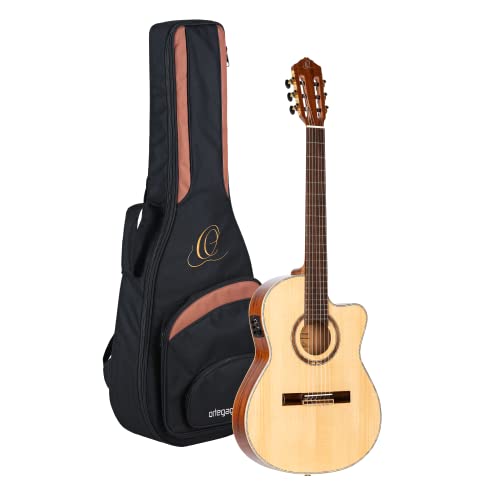 Ortega Guitars Slim Neck Konzertgitarre Performer Series 4/4 Thinline Korpus Elektro-akustische Gitarre, Natur Inklusive Gigbag (RCE138-T4) von Ortega Guitars