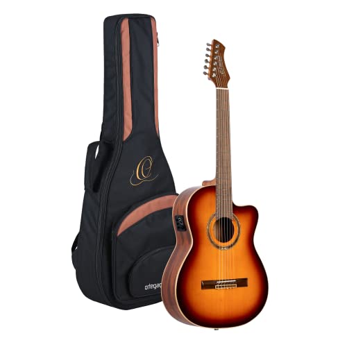 Ortega Guitars Slim Neck Konzertgitarre Performer Series Elektro-akustische 4/4 Gitarre, Burst Finish Inklusive Gigbag (RCE238SN-FT) von Ortega Guitars