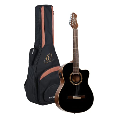 Ortega Guitars Slim Neck Konzertgitarre Performer Series Elektro-akustische 4/4 Gitarre, Schwarz Inklusive Gigbag (RCE238SN-BKT) von Ortega Guitars