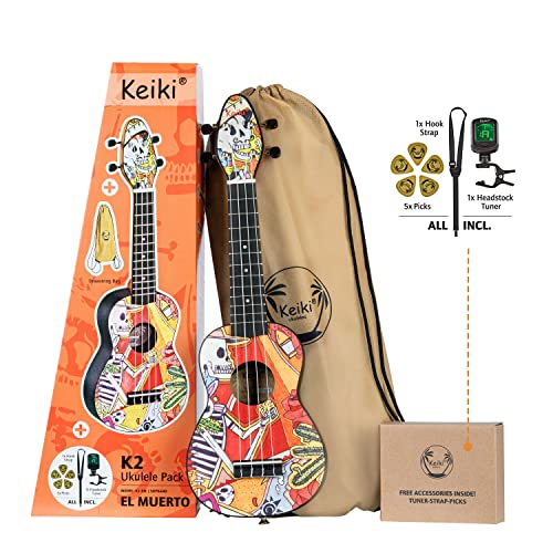 Ortega Guitars Sopran Ukulele bunt - Keiki K2 - Starterkit inklusive Tuner, Gurt, 5 Medium Plektren & Kordelzugtasche - Kauriholz - el muerto (K2-EM) von Ortega Guitars