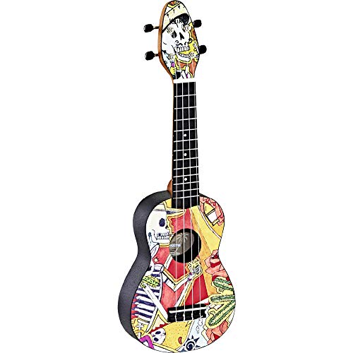 Ortega Guitars Sopran Ukulele bunt - Keiki K2 - Starterkit inklusive Tuner, Gurt, 5 Medium Plektren & Kordelzugtasche - Kauriholz - el muerto (K2-EM) von Ortega Guitars