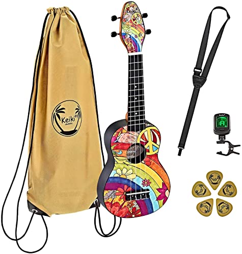 Ortega Guitars Sopran Ukulele bunt - Keiki K2 - Starterkit inklusive Tuner, Gurt, 5 Medium Plektren & Kordelzugtasche - Kauriholz - peace '68 (K2-68) von Ortega Guitars