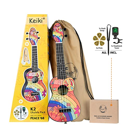 Ortega Guitars Sopran Ukulele bunt - Keiki K2 - Starterkit inklusive Tuner, Gurt, 5 Medium Plektren & Kordelzugtasche - Kauriholz - peace '68 (K2-68) von Ortega Guitars