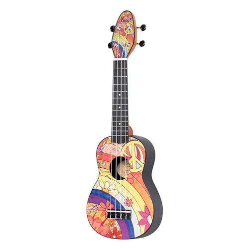 Ortega Guitars Sopran Ukulele bunt - Linkshänder - Keiki K2 - Starterkit inklusive Tuner, Gurt, 5 Medium Plektren & Kordelzugtasche - Kauriholz - peace '68 (K2-68-L) von Ortega Guitars