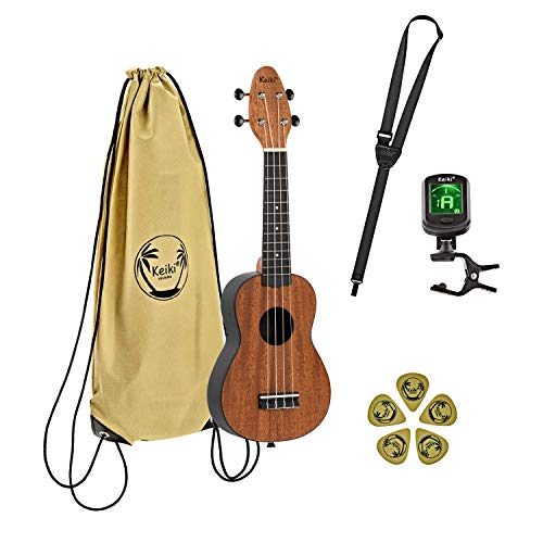 Ortega Guitars Sopran Ukulele natur - Keiki K2 - Starterkit inklusive Tuner, Gurt, 5 Medium Plektren & Kordelzugtasche - Mahagoniholz (K2-MAH) von Ortega Guitars