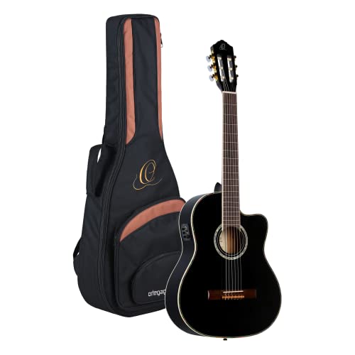 Ortega RCE141BK Konzertgitarre in 4/4 Größe Cutaway elektrifiziert schwarz im hochglanz Finish mit hochwertigem Gigbag und Gurt von Ortega Guitars
