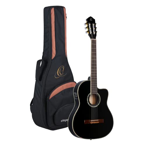 Ortega RCE145BK Konzertgitarre in 4/4 Größe Cutaway elektrifiziert schlanker 48mm Hals schwarz im hochglanz Finish mit hochwertigem Gigbag und Gurt von Ortega Guitars