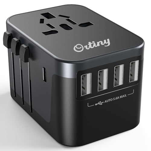 Ortiny Reiseadapter Weltweit, Internationaler Steckdosenadapter mit 4 USB, 1 USB C und 1AC Steckdose Reisestecker 28W Fast Charge Universaladapter für Deutschland USA UK Thailand Italien Australien von Ortiny