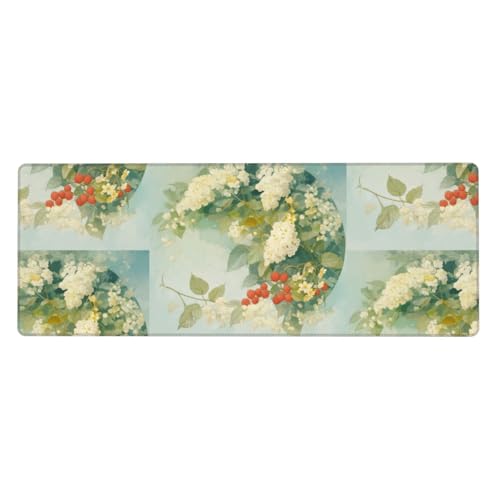 Ortydoxa Großes Mauspad mit weißen Blumen und roten Maulbeeren, 80 x 30 cm, Gaming-Mauspad, wasserdichte Tastatur und Mauspad, glatte Oberfläche, Schreibtischunterlage mit rutschfester Gummiunterseite von Ortydoxa