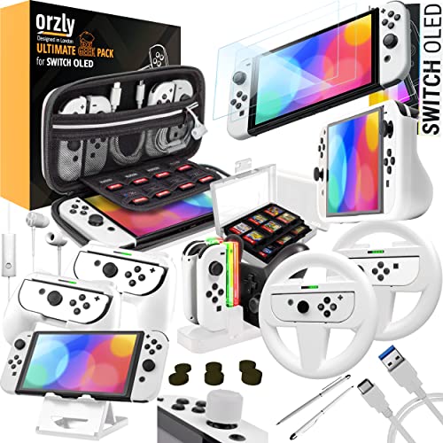 Orzly Accessories Kit Bundle Compatible with Nintendo Switch OLED Console (NOT 2017 Edition Compatible) Ultimate Geek Pack with Case and Screen Protector and Much More - Ice White Gift Boxed von Orzly