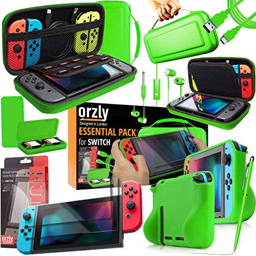 Switch Accesoires, Orzly Zubehör für Nintendo Switch (Panzer glas Schutzfolien, USB Ladekabel, Konsole Tragetasche, Spiele Patronenhülse, Comfort Grip Case, Kopfhörer)-GRÜN von Orzly