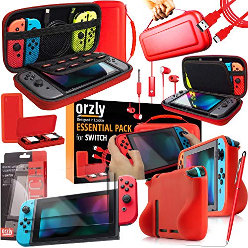Switch Accesoires, Orzly Zubehör für Nintendo Switch (Panzer glas Schutzfolien, USB Ladekabel, Konsole Tragetasche, Spiele Patronenhülse, Comfort Grip Case, Kopfhörer)-ROT von Orzly
