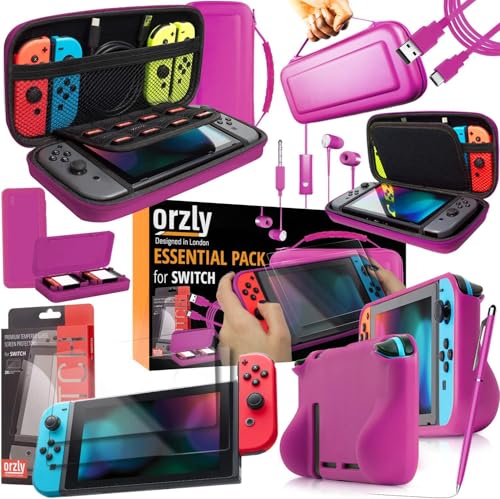 Orzly Switch Accesoires, Zubehör für Nintendo Switch (Panzerglas Schutzfolien, USB Ladekabel, Konsole Tragetasche, Spiele Patronenhülse, Comfort Grip Case, Kopfhörer)-ROSA von Orzly