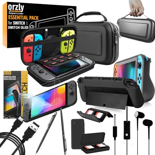 Switch Accesoires, Orzly Zubehör für Nintendo Switch (Panzerglas Schutzfolien, USB Ladekabel, Konsole Tragetasche, Spiele Patronenhülse, Comfort Grip Case, Kopfhörer)-SCHWARZ von Orzly
