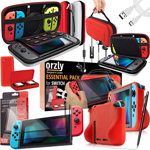 Orzly Switch Accesoires, Zubehör für Nintendo Switch (Panzerrglas Schutzfolien, USB Ladekabel, Konsole Tragetasche, Spiele Patronenhülse, Comfort Grip Case, Kopfhörer) Poke (ROT/SCHWARZ/WEIß) von Orzly