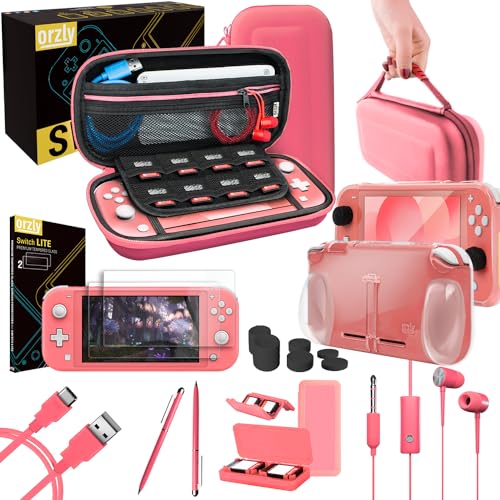 Switch Lite Accesoires, Orzly Zubehör für Nintendo Switch Lite (2019) Panzerglas Schutzfolien, USB Ladekabel, Konsole Tragetasche, Spiele Patronenhülse, Comfort Grip Case, Kopfhörer (Coral) von Orzly