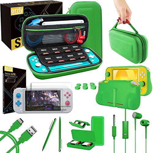Orzly Switch Lite Accesoires, Zubehör für Nintendo Switch Lite (2019) Panzerglas Schutzfolien, USB Ladekabel, Konsole Tragetasche, Spiele Patronenhülse, Comfort Grip Case, Kopfhörer - Grün von Orzly