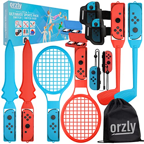 Orzly Switch Sports Pack Zubehörpaket für Nintendo Switch & Switch OLED-Sportspiele mit Tennisschlägern, Golfschlägern, Chambara-Schwertern, Fußball-Beinriemen und Joycon-Griffen – mit Tragetasche von Orzly
